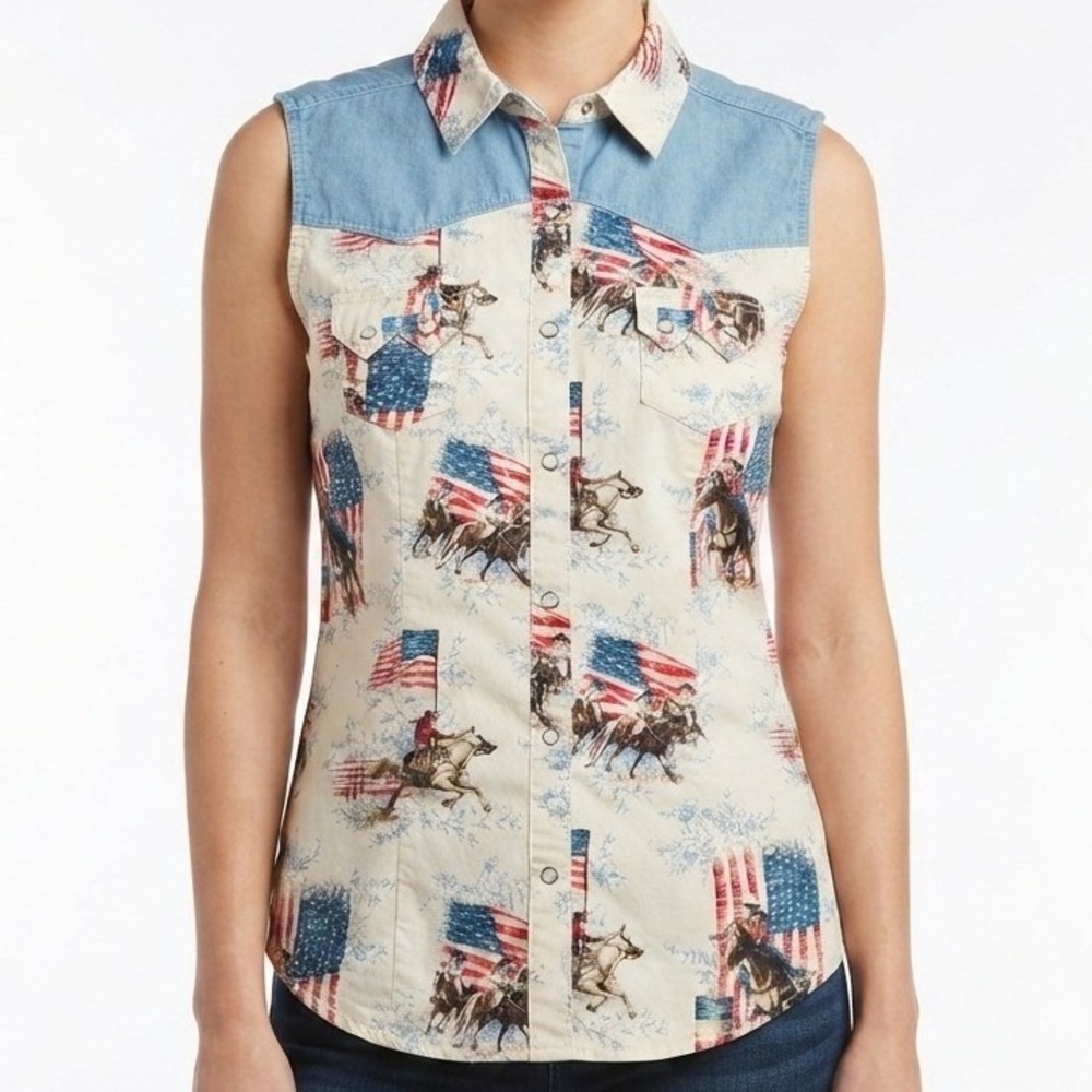 Legacy Falls Western Shirt Womens Large Bone Patriotic American Flag Cowboy Vest